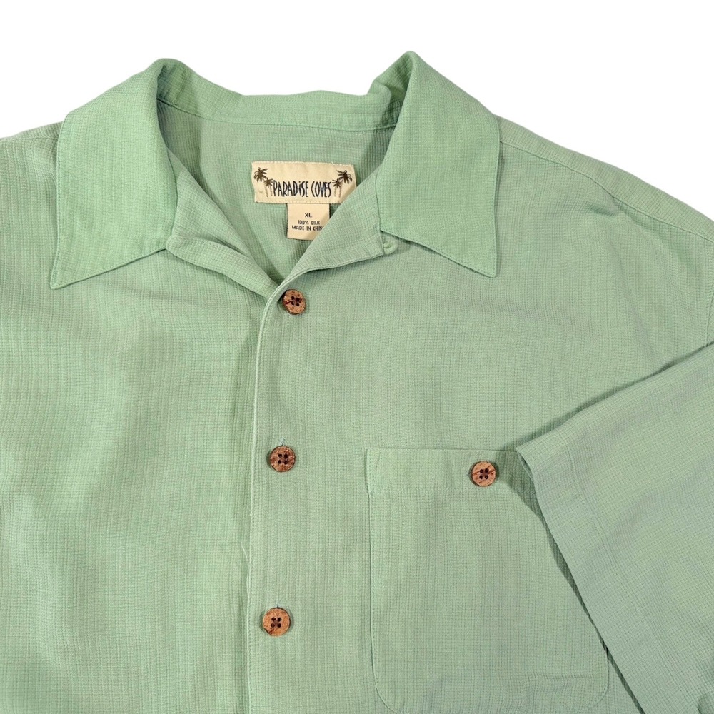 Paradise Coves XL Green Silk Button Down Shirt Camp Collar Textured Tropical